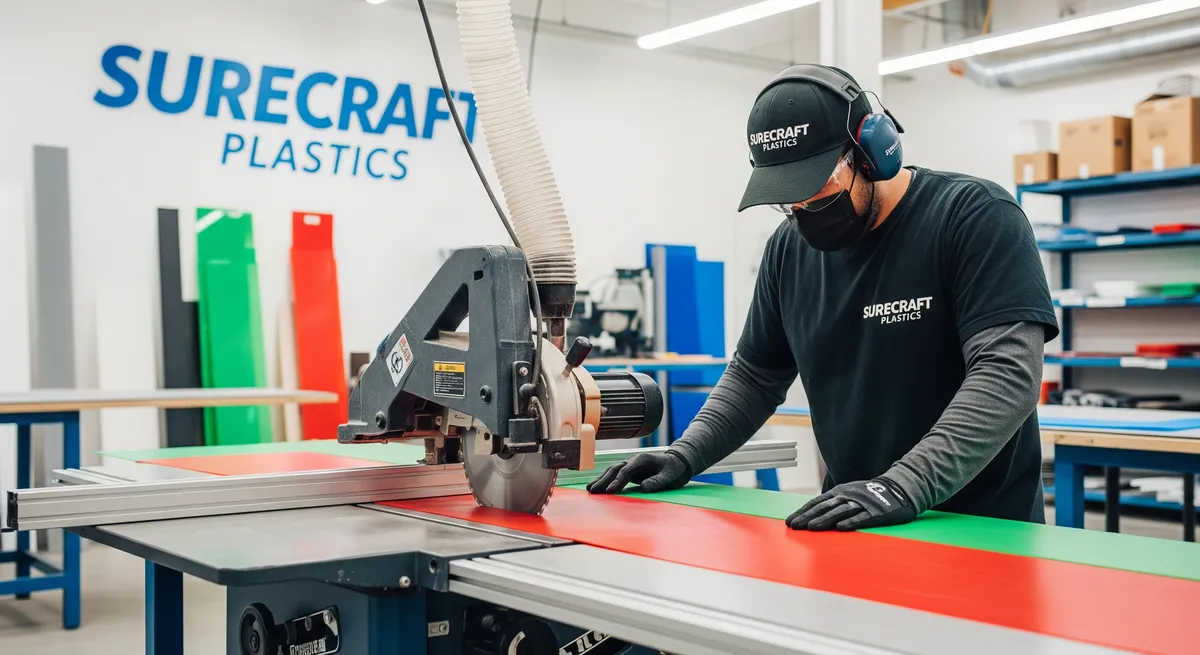 A Surecraft Plastics team member working in the fabrication shop
